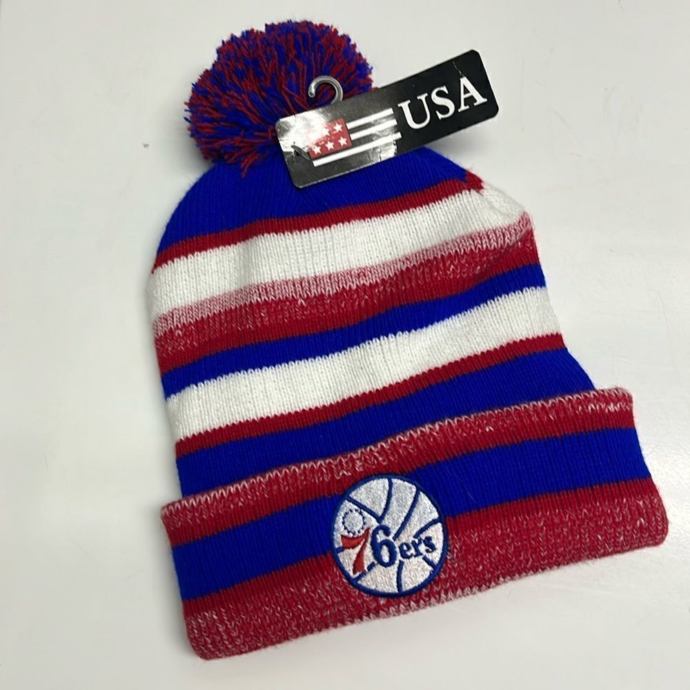 USA Striped Philadelphia 76ers Foldup Striped Winter Acrylic Hat Pom Pom- NEW